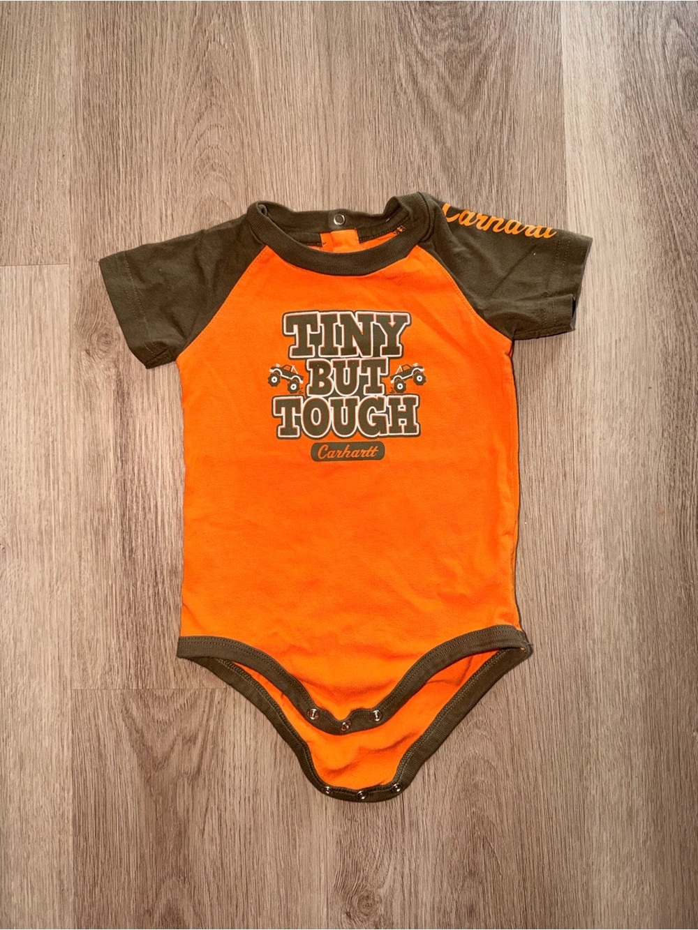 Carhartt Baby Boy Bodysuit 12M Orange “Tiny But Tough” Short Sleeve